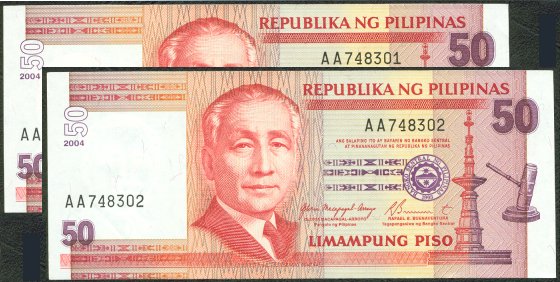 Philippines 50 Peso Banknote : 2 notes in sequence