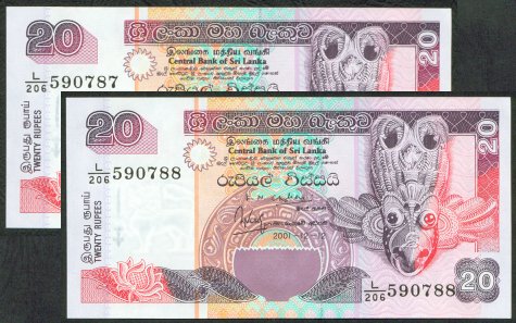 Sri Lanka 20 Rupee - 2001 : 2 notes in sequence